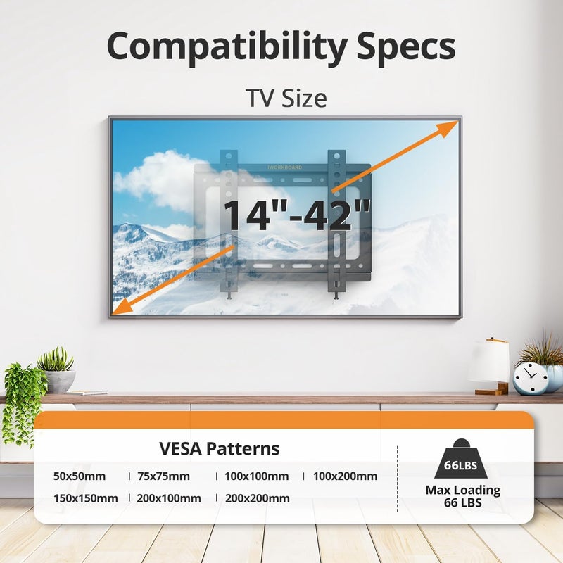 IWORKBOARD 24 27 32 40 inch Low Profile Fixed TV Wall Mount for 14-42 Inch Flat Screen, Small TV Mount，Monitor VESA Wall Mount Bracket, Fit Most 22 34 TVs, Max VESA 200x200mm, 66lbs, Single Stud - Image 2